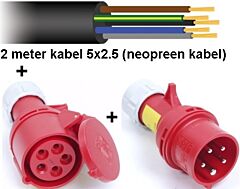 2mtr Neopreen kabel 5x2.5+stekker+contrastekker 16a