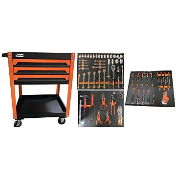 Gereedschapswagen / trolley met 3 laden gevuld 73 Dlg