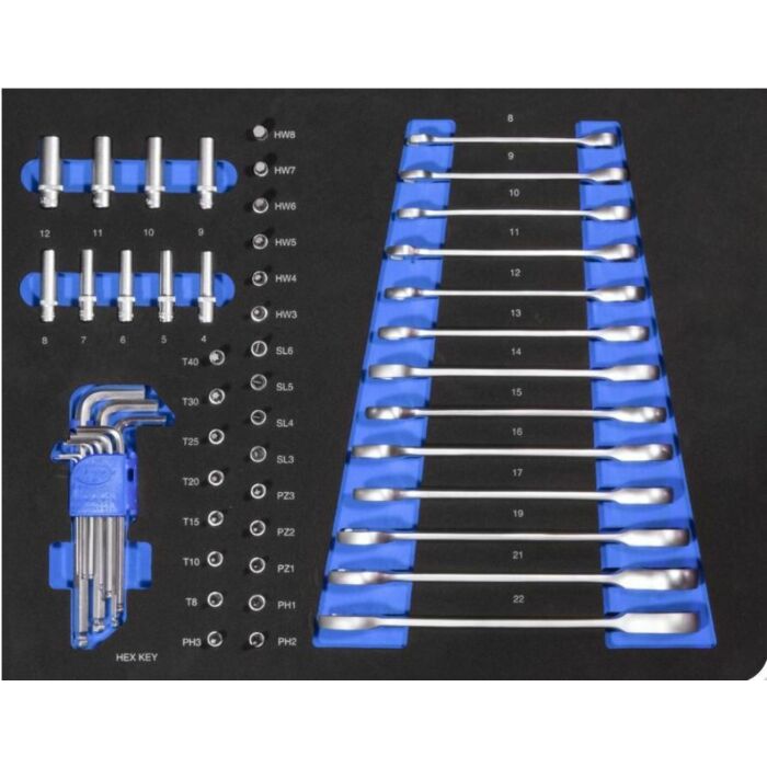 Ringratelsleutelset, dop, bit en inbusset 54DLG inlay foam voor gereedschapswagen